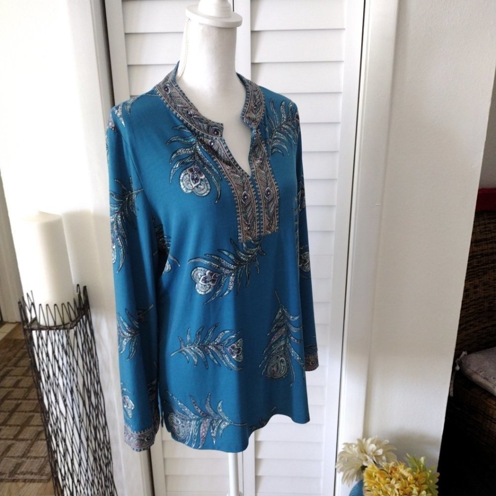 Charter Club Petite women's blue tunic peacock feathers split‎ neck blouse XLP